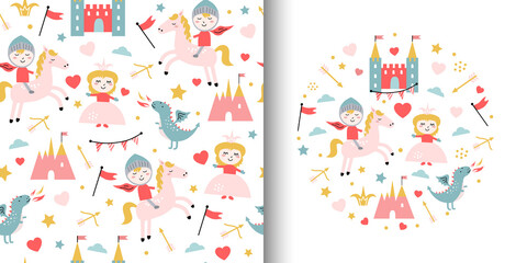 Cute seamless pattern with enamored knight and princess