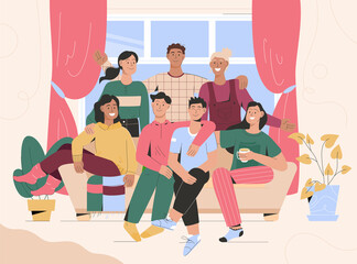 Group portrait of friends meeting at home