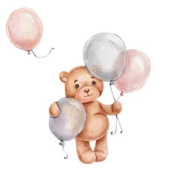Fotobehang Cute little teddy bear with balloons  watercolor hand drawn illustration  can be used for baby shower or cards  with white isolated background © Нина Новикова