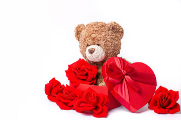 teddy bear with rose and present shape heart