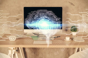 Multi exposure of brain drawing and office interior background. Concept of data technology.