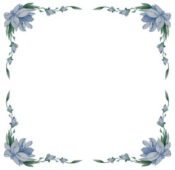 Floral pattern. The square frame of blue flowers, buds and leaves on white background. Watercolor. For festive design, postcards, decoration, packaging, printing, scrapbooking paper