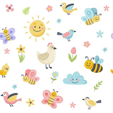 Easter spring pattern with cute birds, bees, butterflies. Hand drawn flat cartoon elements. Vector illustration