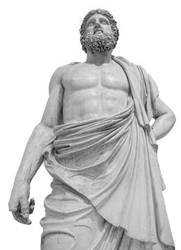 Marble statue of greek god Zeus isolated on white background. Antique sculpture of man with beard