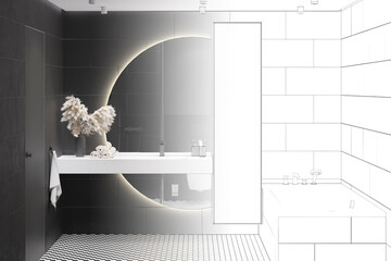 The sketch becomes a real black and white bathroom with a large illuminated round mirror, pampas...
