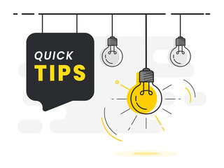Quick Tips badge with light bulb on speech bubble. Trendy flat vector illustration. 