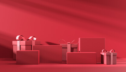 Minimal abstract product background for Valentine and Christmas, Podium with red gift box on red background. 3d render. stage for product design.