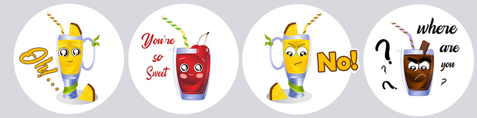 Smoothie vector stickers set. Food cartoon badges with inspirational quotes. Red, yellow, green, black color. 
