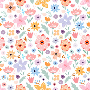 Floral seamless pattern with colorful different flowers on white background