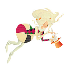 Blonde magician in a medieval costume takes a white rabbit out of a hat. Jester. Illustration isolated on white background