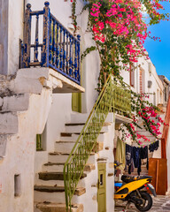 Traditional Cycladitic alley with narrow street, whitewashed houses and a blooming bougainvillea flowers in Parikia Paros island, Greece.