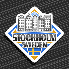Vector logo for Stockholm, white rhombus road sign with line illustration of stockholm city scape on day sky background, decorative fridge magnet with unique letters for black words stockholm, sweden.