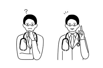 悩んでいる表情、ひらめいた表情の医者 シンプル線画