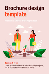 Equal male and female tiny employees standing on balance scale. Vector illustration for gender equality, equal rights, career opportunities, discrimination, workforce, business concept