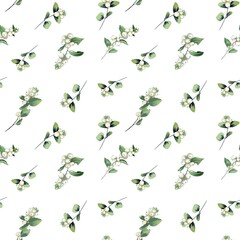 Obraz na płótnie Canvas Watercolor illustration. Seamless pattern. Green leaves, branches and snowberry an white background. Design for cards, weddings, invitations, scrapbooking, textiles, invitations, wrapping paper.