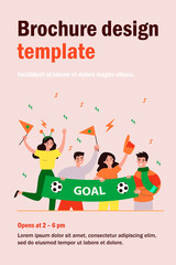 Fototapeta premium Active soccer fans holding banner isolated flat vector illustration. Cartoon group of characters cheering sport team and screaming during match. Entertainment and celebration concept