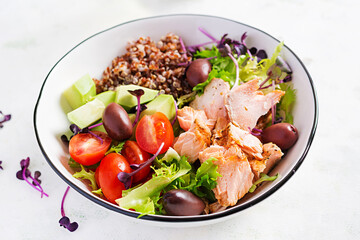 Salmon salad. Fresh salad with grilled salmon, avocado, cherry tomatoes, lettuce, quinoa, olive and microgreens. Homemade food. Concept healthy meal