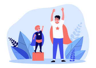 Happy dad and son wearing as superheroes. Cape, power, game flat vector illustration. Imagination and family concept for banner, website design or landing web page