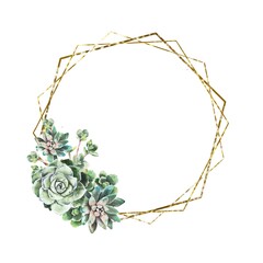 watercolor illustration.  gold polygonal circle  frame with green leaves and branches succulents  .  For invitations, cards, weddings, christenings, birthday