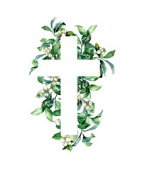 Watercolor illustration. christian cross made of green leaves and a snowberry on a white background, cards, calendars, easter, holiday, invitation