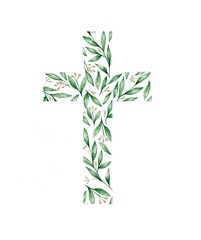Watercolor illustration.  Christian cross made of green leaves.  Design for Easter, baptism, christening, cards, paper, invitations, scrapbooking, textiles, wrapping 