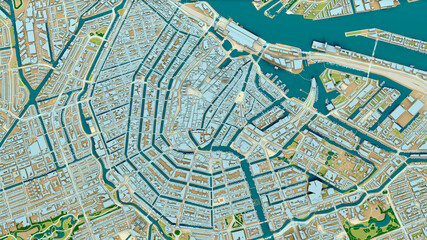 Amsterdam city centre, 3D aerial view - obrazy, fototapety, plakaty