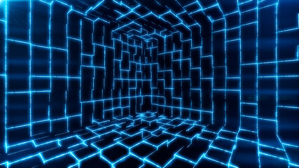 3d cubes forming a futuristic room with blue glowing lights. Network connection concept.3d render illustration.