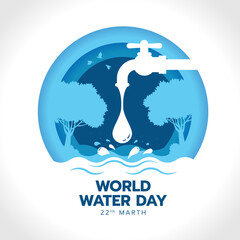 world water day with drop water falling from the tap to river in circle blue layer style vector design