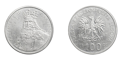 one hundred Polish zloty coin on a white isolated background