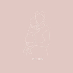 Vector hand drawn mother with child. Simple line art. 
