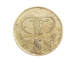 five cyprus cent coin on a white isolated background