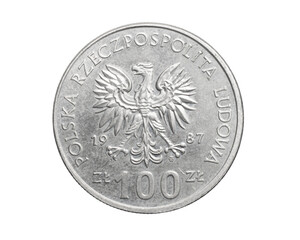 one hundred Polish zloty coin on a white isolated background