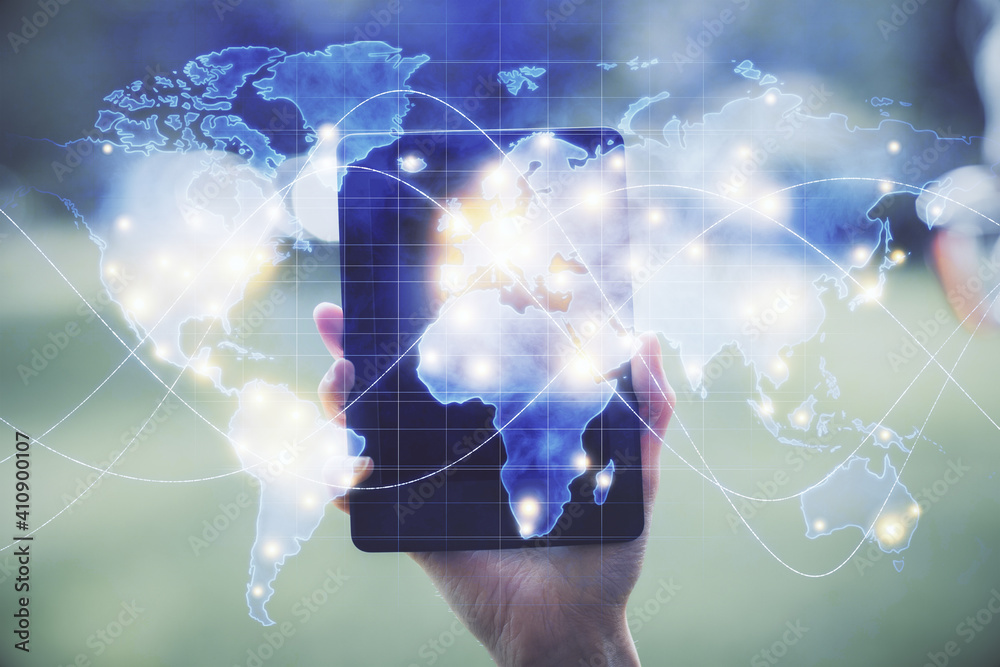Poster double exposure of business theme sketch hologram and woman holding and using a mobile device.