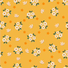 Hand-drawn spring flower on yellow background seamless pattern