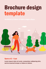 Disabled woman walking with guide dog. Blind person with cane in city park flat vector illustration. Disability, companion animals, therapy concept for banner, website design or landing web page