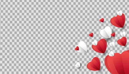 Happy Valentine's Day banner. Holiday background design with big heart made of pink, red and Origami Hearts on  transparent background. Horizontal poster, flyer, greeting card, header for website