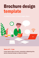 Student boy studying online. Pupil, book, computer, speech bubble flat vector illustration. Distant learning, home schooling concept for banner, website design or landing web page