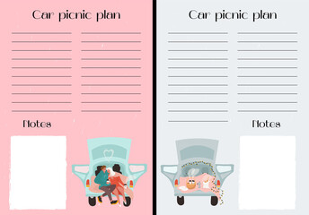 Happy Valentine's Day. Set of vector car picnic plan lists with lines and place for notes. Nice vector flat illustrations with lovers for Valentine's Day in cartoon style. A loving couple, picnic.