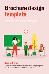 Teacher asking pupil in class. Lesson, kids in uniform, classroom flat vector illustration. Back to school, education, teaching concept for banner, website design or landing web page