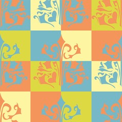 Swirly Square Tiles Pattern In Terracotta, Lime And Blue
