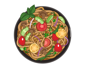 Vector noodles with tomatoes, avocado and mushrooms