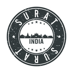 Surat India Skyline. Round Postmark Icon City Design. Vector Landmark Travel.