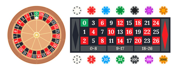 Mini roulette wheel. Casino chips, table layout and simplified 0-26 little wheel for Roulette game vector illustration set