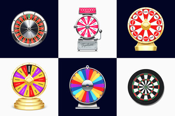 Fortune wheels. Casino roulette, spin to win game and dart board. Lucky chance wheel realistic 3D vector layered for animation illustration set - obrazy, fototapety, plakaty