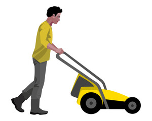 Isolated vector figure of a black gardener with a lawn mower cutting grass