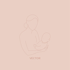 Vector hand drawn mother with child. Simple line art.