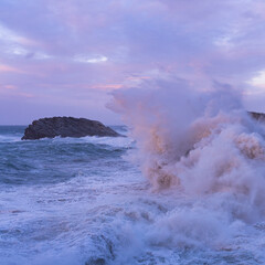 Swell and storm in the Hermitage of the Virgen del Mar San Roman de la Llanilla.Municipality of Santander. Virgen del Mar Island in the Cantabrian Sea. Autonomous Community of Cantabria. Spain. Europe