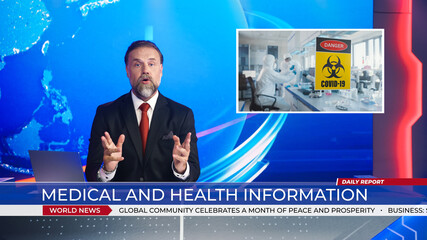 Live News Studio with Male Anchor Reporting on Covid-19 Virus Pandemic, Video Story Show Medical Research Laboratory Developing Vaccine Medicine, doing Tests. Mock-up TV Channel Newsroom 