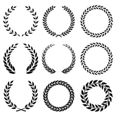 Set of black and white rounded laurel foliate and wheat wreaths