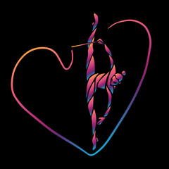 Creative silhouette of gymnastic girl. Art gymnastics with ribbon